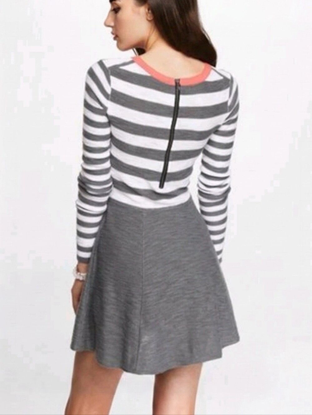 NWT Express Stripe Blocked Sweater Skater Dress Gray & White Women's Large Retro